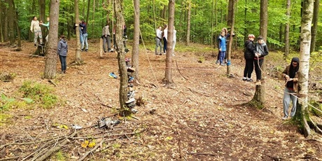 Powiększ grafikę: uczniowie chodzą po linach które są powiązane między drzewami na małej wysokości.